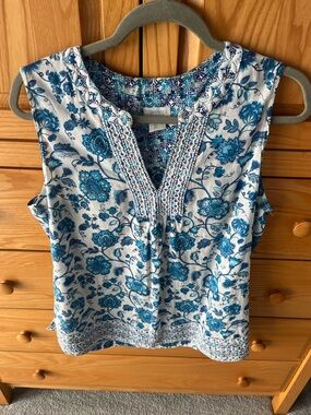 Sigrid Olsen L Sleeveless Blue Floral Cotton Top - Collection